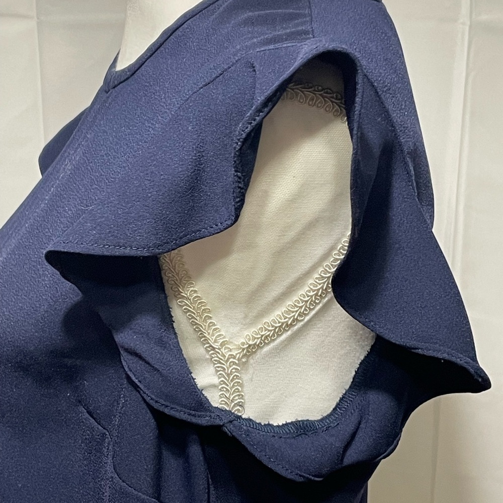 J. Crew Navy Ruffle Sleeve Top, Zipper Closure in Back. So much nicer in person. - Picture 4 of 13